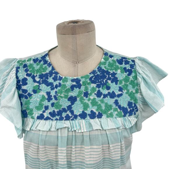 J.Marie Blouse Top Flutter Sleeve Embroidered Floral Stripe Size Small - Picture 3 of 13